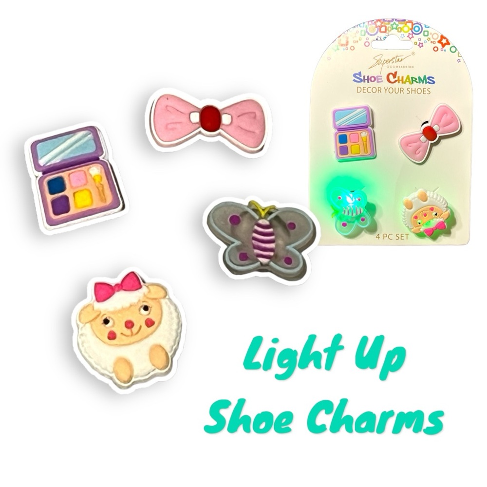 Light Up Shoe Croc Charms Set of 4 Makeup, Bow, Butterfly & Lamb